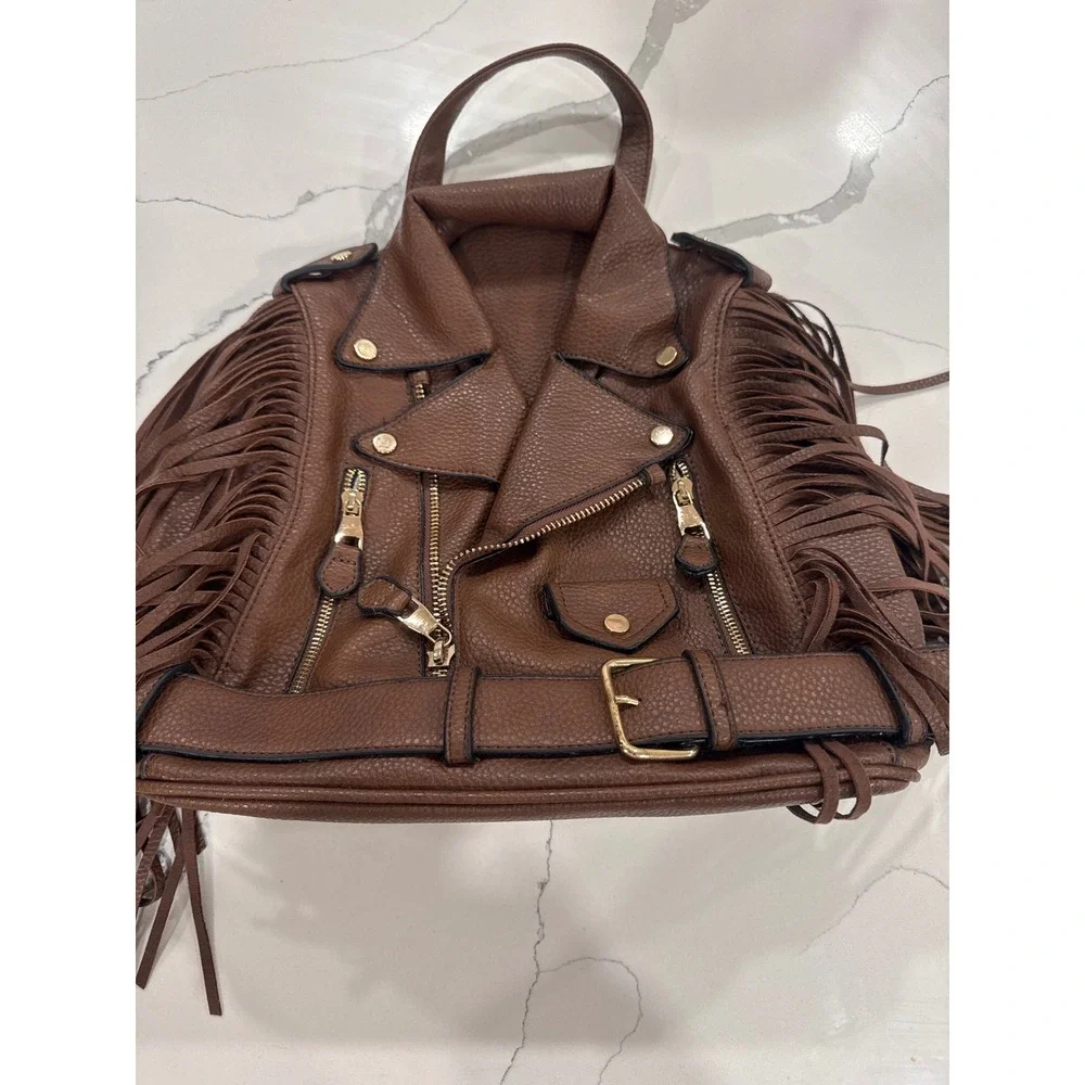 Brown Faux Leather Moto Jacket Fringe Backpack Gold Hardware Convertible Straps